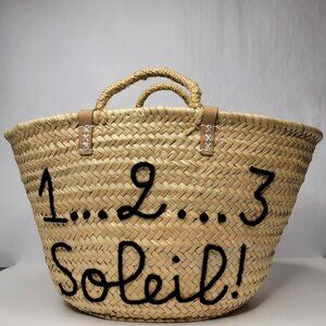 1..2..3..Soleil! Embroidered Straw Beach Tote Bag with Leather Straps